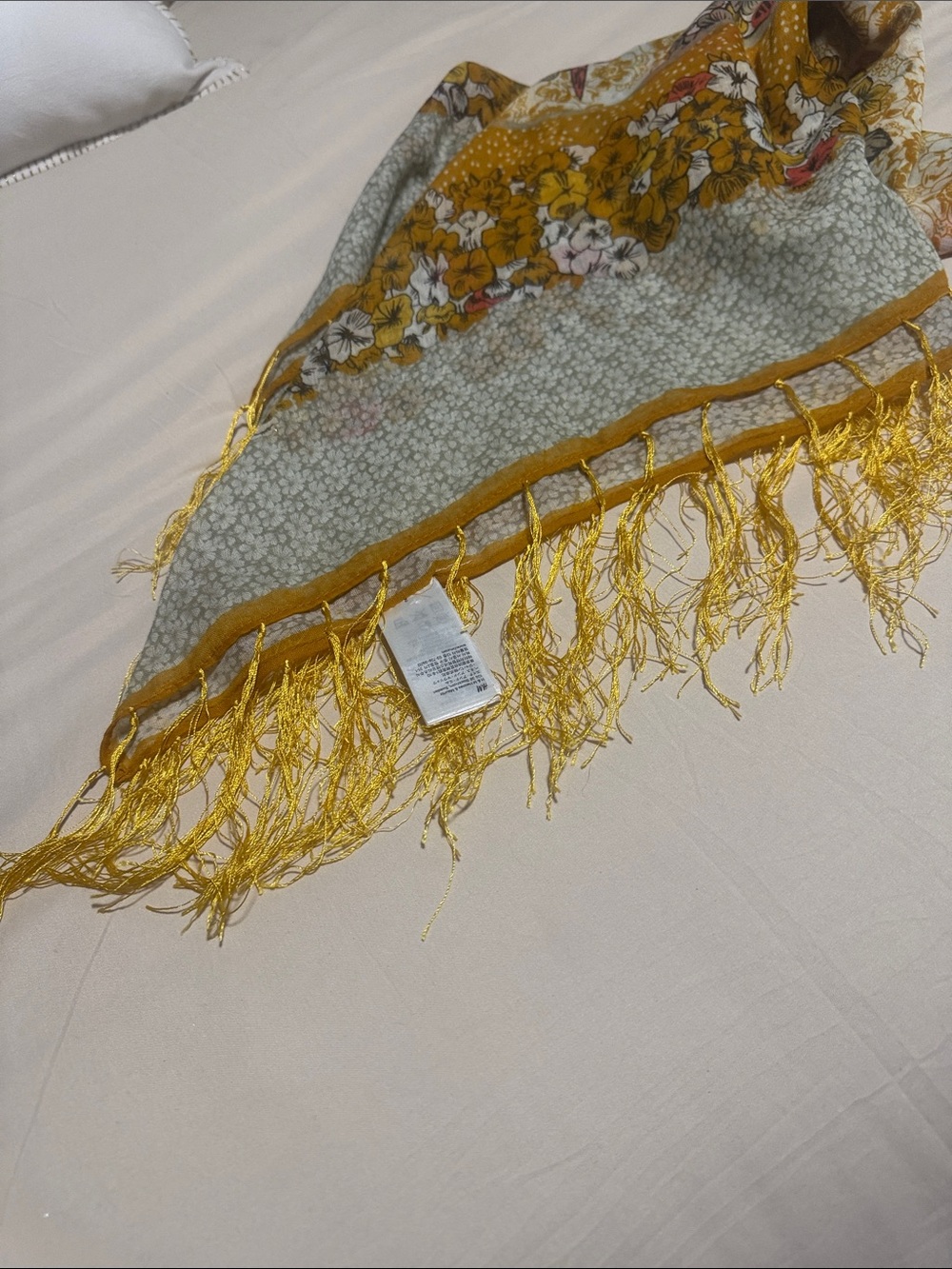 H&M Gold fringed scarf. Beautiful Gold Flowered Pattern - Picture 4 of 6